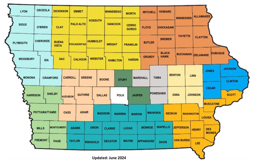 Map of Iowa with divided counties color coordinated with associated provider relations representative